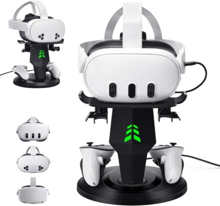 Lampelc VR Charging Stand for Quest 3, Quest 3S, Quest 2 Headset, Controllers and VR Accessories, Headset Charging Dock with LED Lights