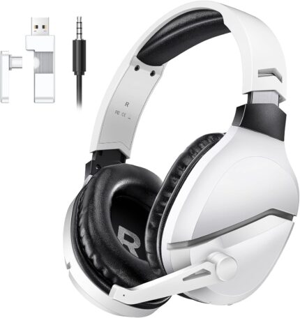 Wireless Gaming Headset with Noise Canceling Microphone for PS5, PC, PS4, 2.4G/Bluetooth Gaming Headphones with USB and Type-c Connector, Wired Mode for Controller Gamecube