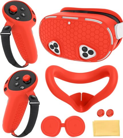 Silicone Cover Set Compatible with Meta Quest 3S Accessories, VR Protector Face Cover, Controller Grips, Front Shell Headset Cover and Lens Protective Cover, Not Fit Quest 3S (Red)