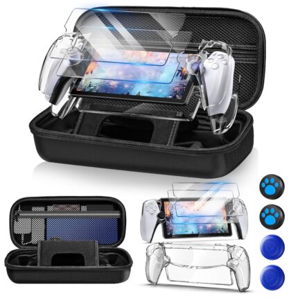 Auarte 12 in 1 Accessories Set for Playstation Portal Remote Player, Hard Carrying Case for PS Portal with Clear Skin Case for PS5 Portal, 2 Screen Protector with 4 Thumb Grip, Carbon Black