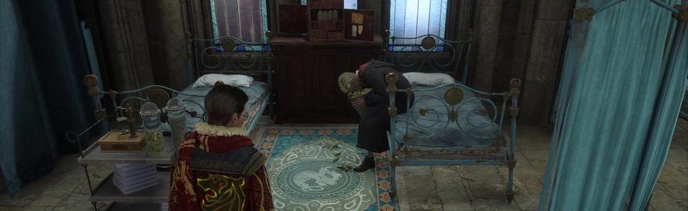 student throwing up slugs in the hospital wing in in hogwarts legacy