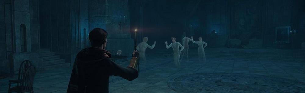 ghosts dancing in the deathday party room in hogwarts legacy